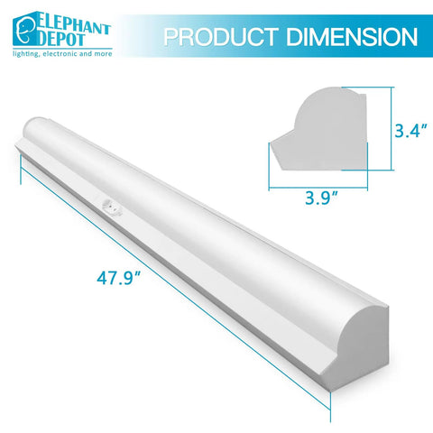 Dimensions of 4ft LED Stairwell Light Fixture With Motion Sensor, 48 Inch Wall Mount, UL Listed, showing length and corner fit
