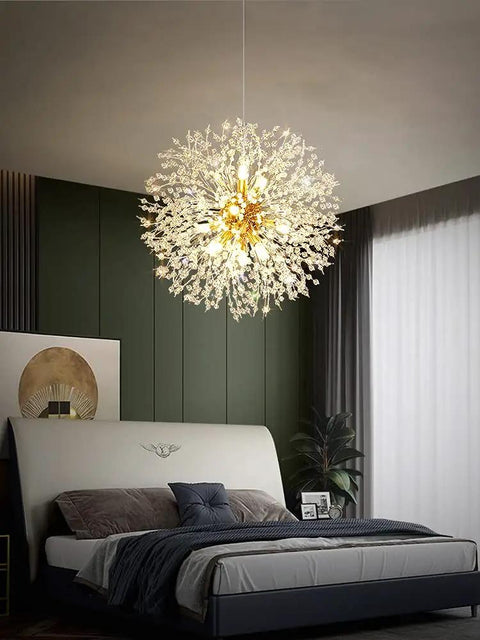 Gold Crystal 12 Light Modern Dandelion Firework Chandelier Ceiling Pendant Light For Bedroom Dining Room And Living Room With Adjustable Cable 20.87 Inch Diameter Lit Showpiece Fixture in bedroom setting