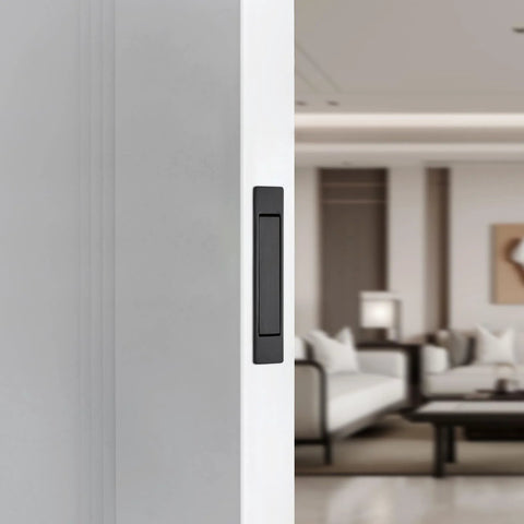 Matte Black Flush Mount Pocket Door Pull Handle With Edge Pull For Sliding Doors in modern room
