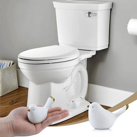 Ceramic Decorative Bird Shaped Toilet Bolt Covers 2 Pack Bathroom Hardware Upgrade Rust Free Standard Floor Mount Screw Caps next to toilet.