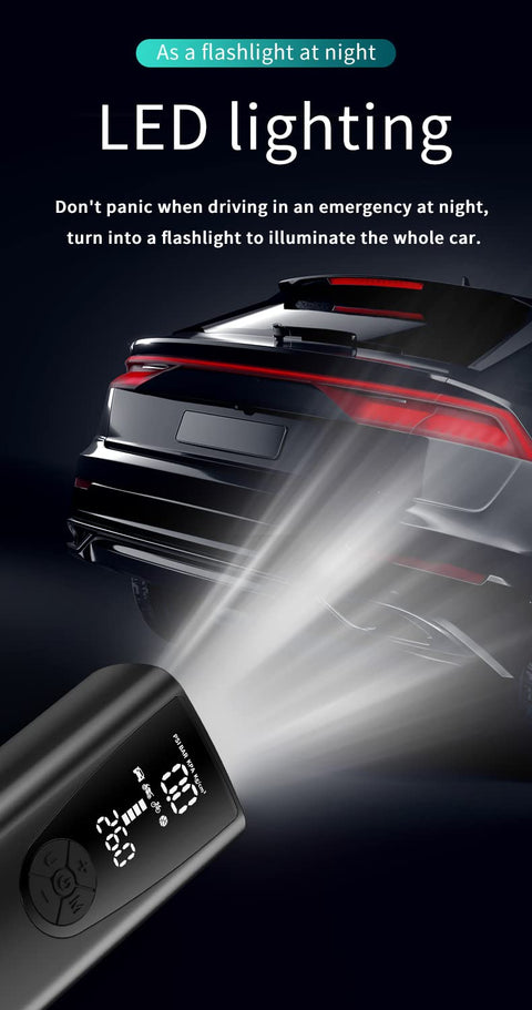 Portable Car Tire Inflator With Digital Gauge showing LED light illuminating a car at night