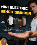 Built Like A Tank 3 Inch Mini Bench Grinder With Knockout Variable Speed Up To 10000 Rpm And Ac Adapter featuring a mini electric bench grinder in hand.