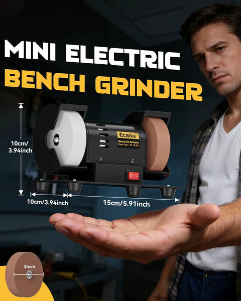 Built Like A Tank 3 Inch Mini Bench Grinder With Knockout Variable Speed Up To 10000 Rpm And Ac Adapter featuring a mini electric bench grinder in hand.