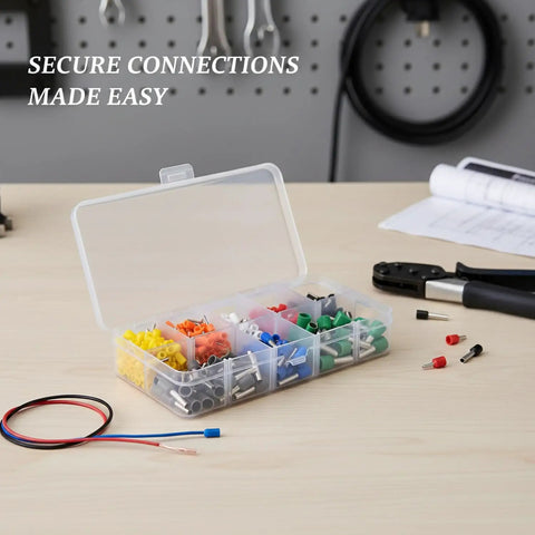 Super Cool 400 Piece Insulated Wire Ferrule Terminal Kit With Color Coded Copper Crimp Connectors For Stranded Wires To Tame Messy Ends, Perfect For Control Panels, Machinery Assembly, And Sweet Automotive Or Electronics Projects To Make Secure. 400-piece insulated ferrule kit in clear organizer, color coded tips