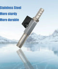 5401 Stainless Steel Oil Drain Valve with One Quarter Turn and Hose, Three Eighths by Eighteen NPTF Thread, snowy background