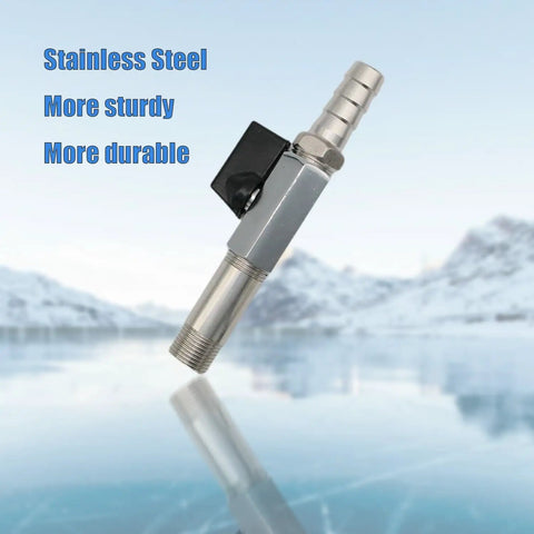 5401 Stainless Steel Oil Drain Valve with One Quarter Turn and Hose, Three Eighths by Eighteen NPTF Thread, snowy background