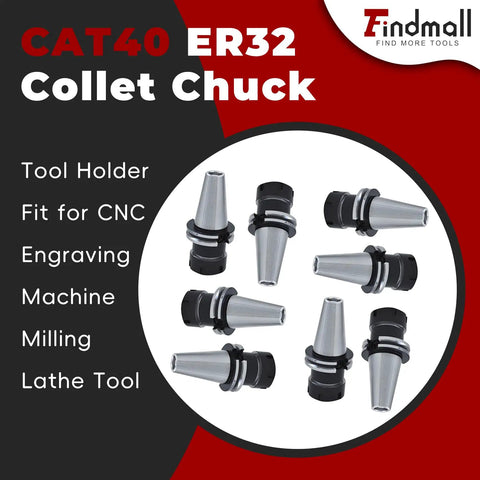 8-Piece CAT40 ER32 Collet Chuck Set for CNC milling and lathe, visible with tool holders, durable quenched steel construction