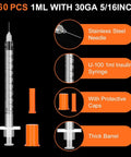 1ml 30G 5 16th Inch 8mm Lab Syringes Individual Pack Of 60 Leak Resistant Plunger With Clear Markings For Precise Dispensing Clear Barrel Easy Read Measurements Lab Supplies, 1ml syringe with protective cap