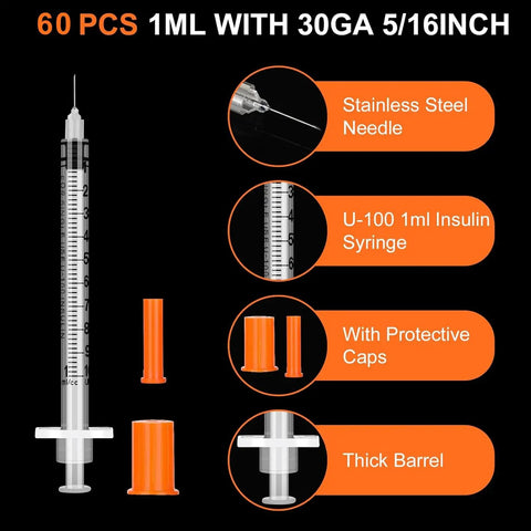 1ml 30G 5 16th Inch 8mm Lab Syringes Individual Pack Of 60 Leak Resistant Plunger With Clear Markings For Precise Dispensing Clear Barrel Easy Read Measurements Lab Supplies, 1ml syringe with protective cap