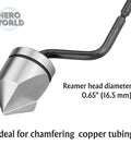 Close-up of deburring tools and countersink hand reamer for copper pipe one quarter to five eighths inch with ergonomic handle.