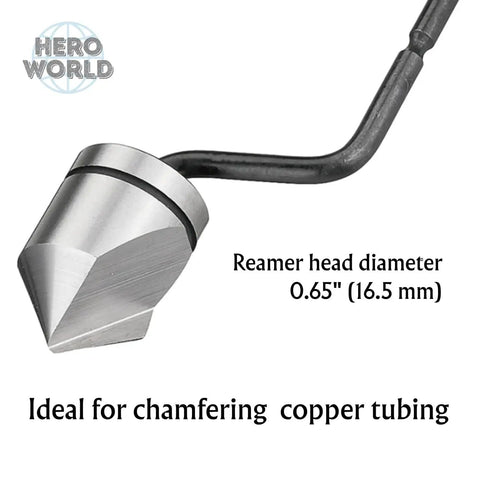 Close-up of deburring tools and countersink hand reamer for copper pipe one quarter to five eighths inch with ergonomic handle.