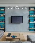 Six Light 4 Foot Chrome Integrated LED Track Lighting Kit With Assembly Required illuminating a modern living room setup.