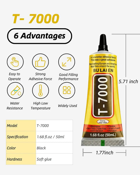 Waterproof Flexible Repair Adhesive Glue For Phone Screens And Electronics, black T-7000, 50 ml tube with adhesive advantages.