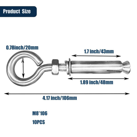 Diagram of 5/16 Inch By 4-3/16 Inch Shoulder Eyebolts Heavy Duty 304 Stainless Steel Expansion Anchors with dimensions for concrete walls.