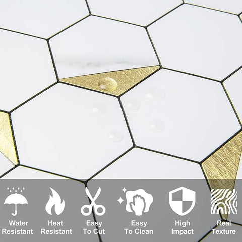 Hexagon Peel And Stick Tile Backsplash Kit With White Marble Look And Gold Metal Accents, close-up on hexagon pattern.