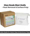 8Lb Non-Silica Glass Bead Sandblasting Media Reusable Abrasive For Rust Removal And Surface Finishing Wide Mesh Range From 20 To 240 Mesh For Heavy Rust Cleanup To Fine Polishing Easy Control Durable Blast Media, brown box with label and white bag showing 8Lb contents and mesh range.