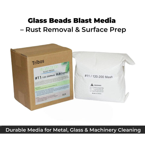 8Lb Non-Silica Glass Bead Sandblasting Media Reusable Abrasive For Rust Removal And Surface Finishing Wide Mesh Range From 20 To 240 Mesh For Heavy Rust Cleanup To Fine Polishing Easy Control Durable Blast Media, brown box with label and white bag showing 8Lb contents and mesh range.
