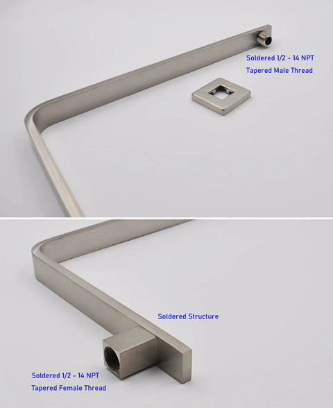 High Rise Gooseneck Shower Arm And Flange 16 Inch Solid Brass With PVD Brushed Nickel Finish, Square Design, with threads