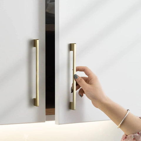 Hand opening cabinet with Six Pack Light Brushed Brass Cabinet Pulls Two Center To Center Lengths 7.5 Inches And 8.8 Inches Zinc Alloy Drawer Handles.