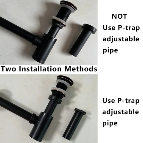 Two installation methods of Brass Round Bottle P Trap One And A Quarter Inch Adjustable Sink Waste Trap Drain Kit In Matte Black.