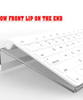 Acrylic Tilted Keyboard Stand For Compact 78 Key Keyboard, 11.8 Inch Width, White Silicone Strip Desk Riser, side angle view.