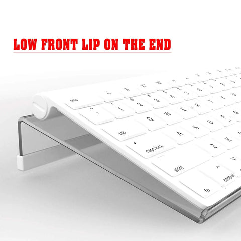 Acrylic Tilted Keyboard Stand For Compact 78 Key Keyboard, 11.8 Inch Width, White Silicone Strip Desk Riser, side angle view.