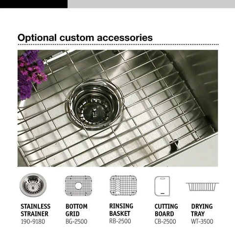 Stainless Steel Undermount Kitchen Sink 23 Inch Single Bowl Eston Series Satin Finish Corrosion Resistant Easy To Clean Built To Last shown with accessories