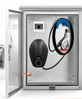 Heavy Duty Outdoor EV Charger Lock Box With Rock Solid Stainless Steel Case and Clever Cord Wrap, open view with charger inside.