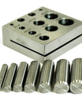 Heavy Duty Disc Cutter With Seven Jewelry Punches From One Quarter Inch To Five Eighths Inch shown on metal blocks