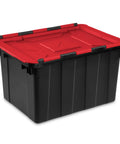 Haul Heavy Loads With Ease Using These Tough As Nails 12 Gallon Storage Totes With Secure Lids For Garage Organization Stackable Heavy Duty Crates Featuring Tie Down Grommets In A Rock Solid 12 Pack Bundle - Red lid on a black heavy duty storage tote.