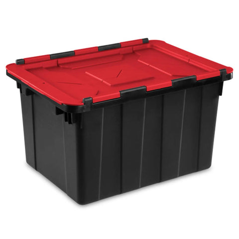 Haul Heavy Loads With Ease Using These Tough As Nails 12 Gallon Storage Totes With Secure Lids For Garage Organization Stackable Heavy Duty Crates Featuring Tie Down Grommets In A Rock Solid 12 Pack Bundle - Red lid on a black heavy duty storage tote.