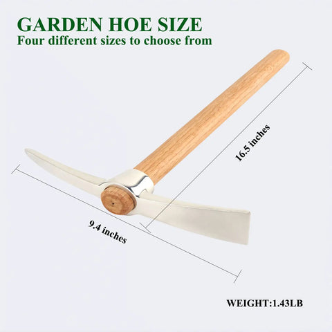 16.5 Inch 2 In 1 Mattock And Pickaxe With Hardwood Handle, stainless steel, dimensions labeled, for garden and field work.