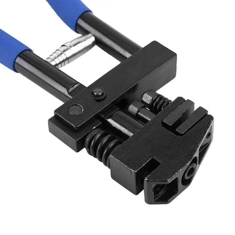 Close-up of 5mm Hole Punch Setter Joggler For Sheet Metal And Panels Dual Function Plier Tool with blue handles and rotary control.