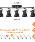 Five Light Track Lighting Kit With Adjustable Heads In Industrial Black, E26 base, 60W, dimensions labeled, sleek modern industrial design.