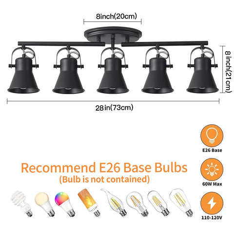 Five Light Track Lighting Kit With Adjustable Heads In Industrial Black, E26 base, 60W, dimensions labeled, sleek modern industrial design.