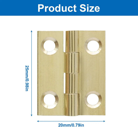 Compact Brass Mini Hinges One Inch Ten Pack With Pre Drilled Screws Ideal For Jewelry Boxes Woodworking Crafts And Tiny Gift Cases showing size dimensions 25mm x 20mm