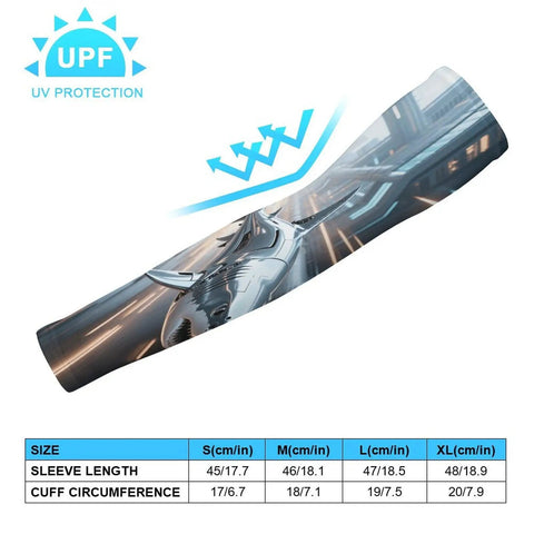 Stay Dope In The Heat With These Fly Ice Silk Arm Sleeves Designed Around A Sharp Mechanical Shark Look To Secure Ace Sunproof Coverage Snug Elastic Fit And Zero Sweat Summer Vibes, displaying size chart for various sizes.