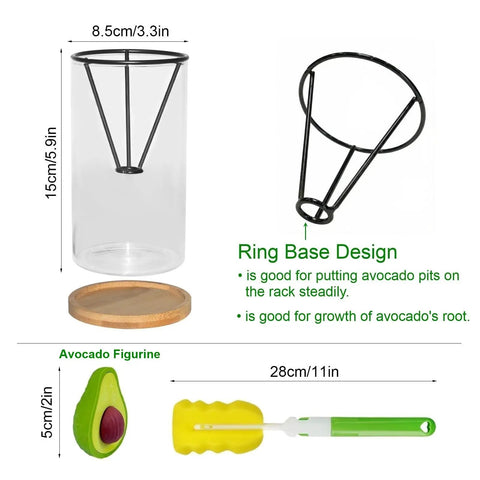All-In-One Avocado Seed Starter Kit With Glass Vase, Bamboo Base, Rustproof Metal Stand, Cleaning Brush And Decorative Avocado Ornament No Seed Included, Easy Germination In 1 To 2 Months, Totally Giftable For Plant Lovers On Your Desk Or Home Garden
