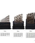 Heavy Duty M42 High Cobalt Twist Drill Bit Set 25 Piece showing sizes in 13, 19, and 25-piece configurations with measurement charts.