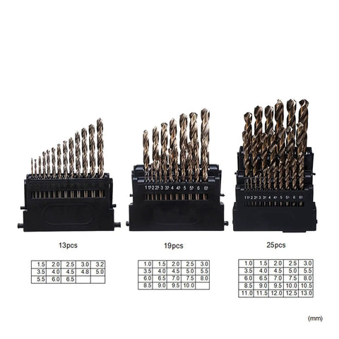 Heavy Duty M42 High Cobalt Twist Drill Bit Set 25 Piece showing sizes in 13, 19, and 25-piece configurations with measurement charts.