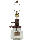 Vintage Inspired Butter Churn Lamp Replica With Red Finish Wood Finial And Hand Cranked Turning Mechanism For A Rustic Farmhouse Vibe On Tables Or Shelves, featuring hand-crank and visible paddles
