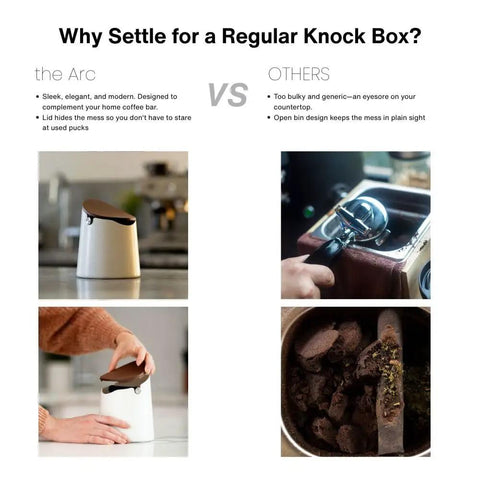 Comparison image of Arc Knock Box with white base, walnut lid next to generic knock box showing used espresso pucks