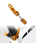 Golden Quick Release Seat Post Clamp For Bikes on bicycle frame, alloy, smooth cam action lever, CNC machined nut