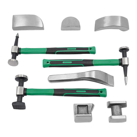 Pro Auto Body Repair Kit For Dent Removal 9 Piece Sheet Metal Hammer Set with 3 hammers and 6 metal linings shown