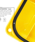 Close-up of Top Shelf 21 Gallon Storage Totes 4 Pack Heavy Duty Lockable Bins With Airtight Weatherproof Gasket Seal in yellow.