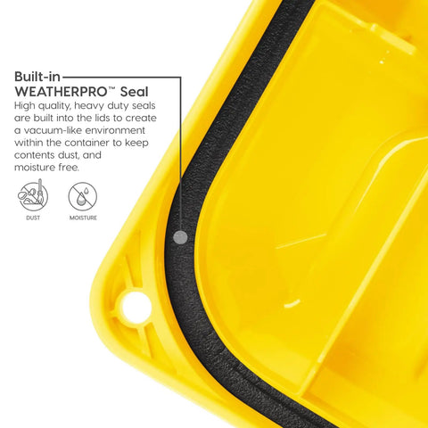Close-up of Top Shelf 21 Gallon Storage Totes 4 Pack Heavy Duty Lockable Bins With Airtight Weatherproof Gasket Seal in yellow.