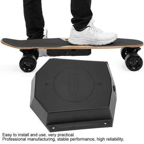 Hardcore Electric Skateboard Battery Case With Battle Ready Hard Shell And Quick Charge Port For Custom Longboard Rigs and Daily Street Grinding on skateboard.