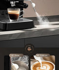 Compact Semi Automatic Espresso Coffee Maker With Built In Steam Wand For Lattes And Cappuccinos showing latte art and steam wand.