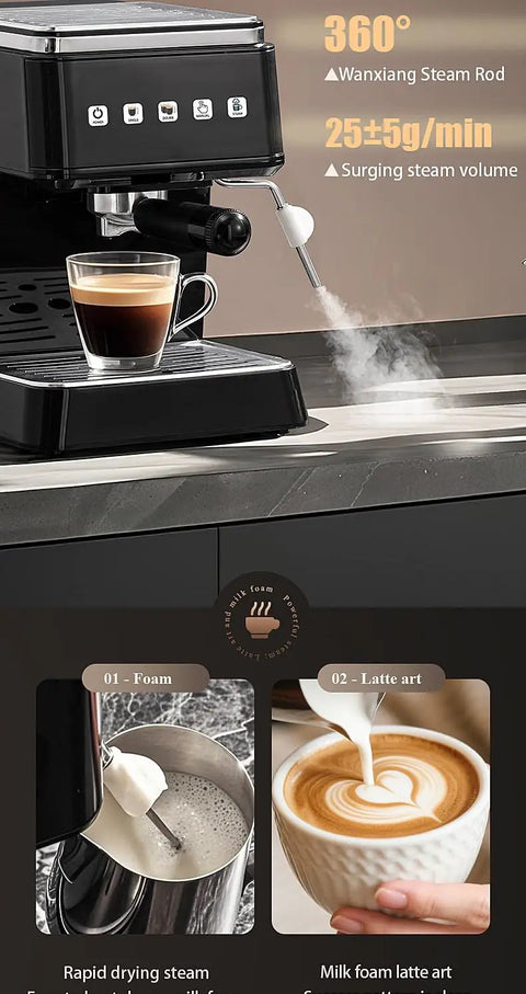 Compact Semi Automatic Espresso Coffee Maker With Built In Steam Wand For Lattes And Cappuccinos showing latte art and steam wand.