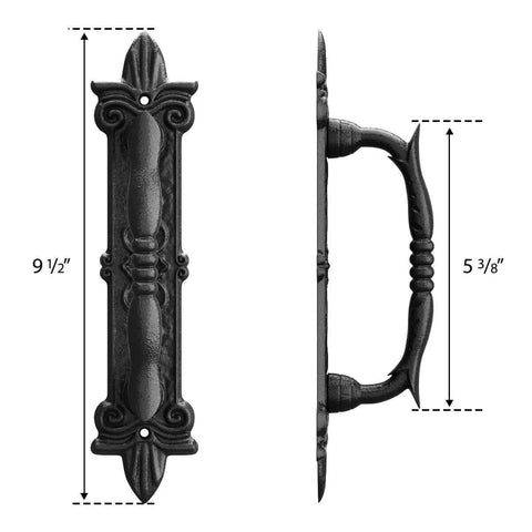 Heavy Duty 9 Inch Antique Barn Door Handle Set Of 2, Big Rustic Carved Door Pull For Gates Garages And Sheds, Black Powder Coated Finish